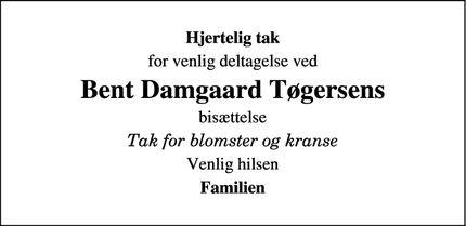 Taksigelsen for Bent Damgaard Tøgersens - Tønder