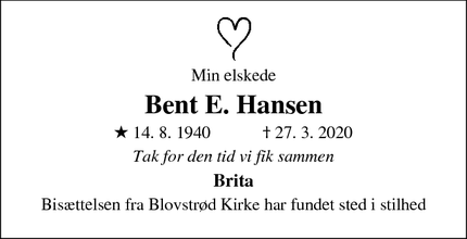 Dødsannoncen for Bent E. Hansen - Allerød