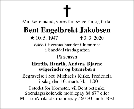 Dødsannoncen for Bent Engelbrekt Jakobsen - Kolding