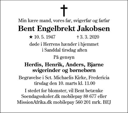 Dødsannoncen for Bent Engelbrekt Jakobsen - Kolding