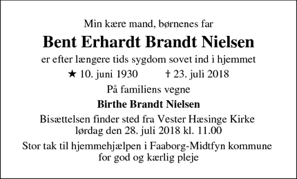 Dødsannoncen for Bent Erhardt Brandt Nielsen - Vester Hæsinge, Danmark