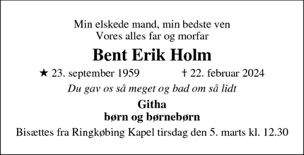 Dødsannoncen for Bent Erik Holm - Ringkøbing
