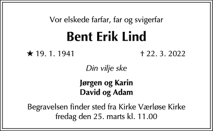 Dødsannoncen for Bent Erik Lind - Værløse