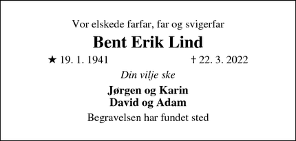 Dødsannoncen for Bent Erik Lind - Værløse