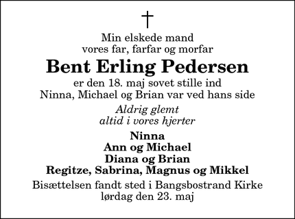 Dødsannoncen for Bent Erling Pedersen - Frederikshavn