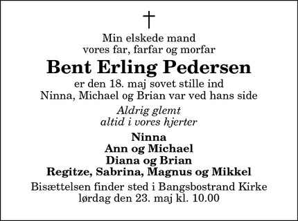Dødsannoncen for Bent Erling Pedersen - Frederikshavn
