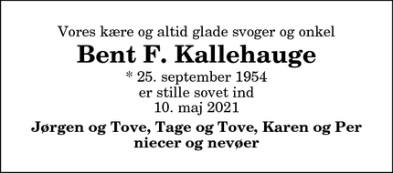 Dødsannoncen for Bent F. Kallehauge - Tværsted