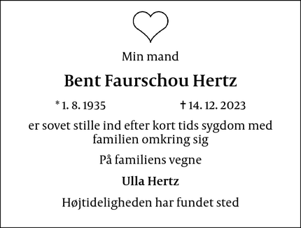 Dødsannoncen for Bent Faurschou Hertz - Farum