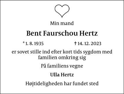 Dødsannoncen for Bent Faurschou Hertz - Farum