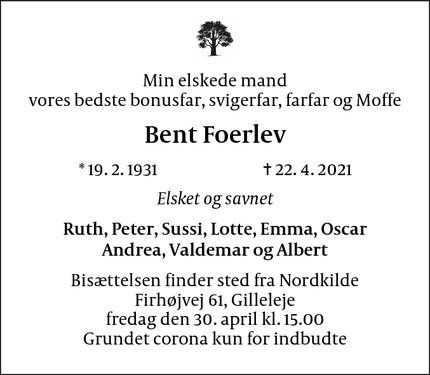 Dødsannoncen for Bent Foerlev - Gilleleje