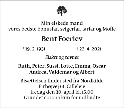 Dødsannoncen for Bent Foerlev - Gilleleje