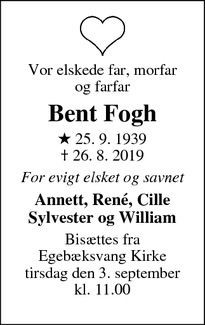 Dødsannoncen for Bent Fogh - Espergærde