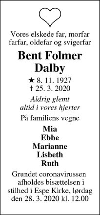 Dødsannoncen for Bent Folmer
Dalby - Espe