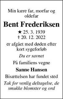 Dødsannoncen for Bent Frederiksen - Mogenstrup Næstved