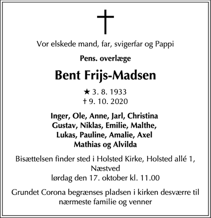Dødsannoncen for Bent Frijs-Madsen - Næstved 