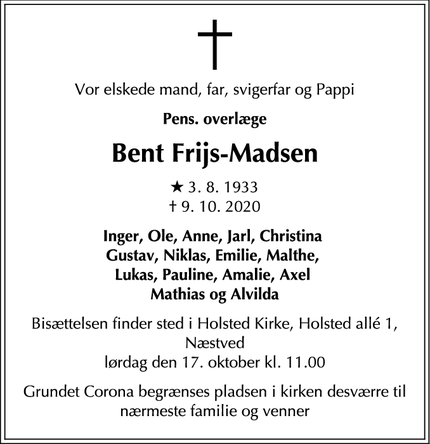 Dødsannoncen for Bent Frijs-Madsen - Næstved