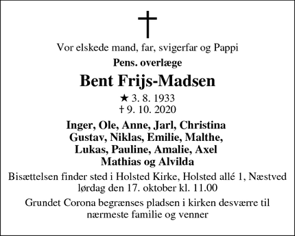 Dødsannoncen for Bent Frijs-Madsen - Næstved 