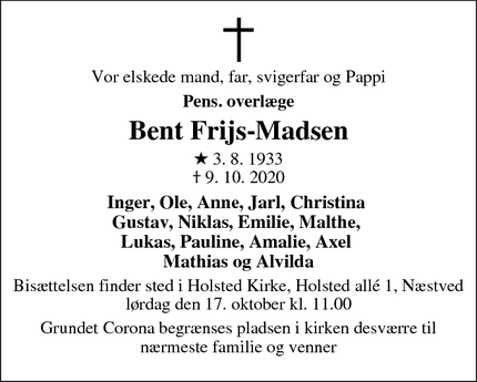 Dødsannoncen for Bent Frijs-Madsen - Næstved