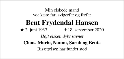 Dødsannoncen for Bent Frydendahl Hansen - Hillerød