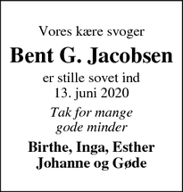 Dødsannoncen for Bent G. Jacobsen - Hanning, 6900 Skjern