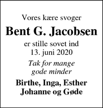 Dødsannoncen for Bent G. Jacobsen - Hanning, 6900 Skjern