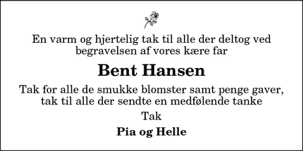 Dødsannoncen for Bent Hansen - Als