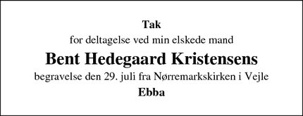 Taksigelsen for Bent Hedegaard Kristensens - Vejle