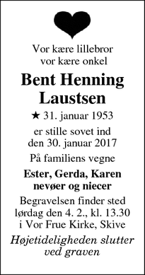 Dødsannoncen for Bent Henning
Laustsen - Oddense