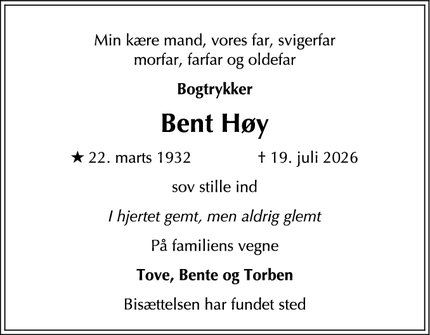Dødsannoncen for Bent H&oslash;y - Rungsted Kyst