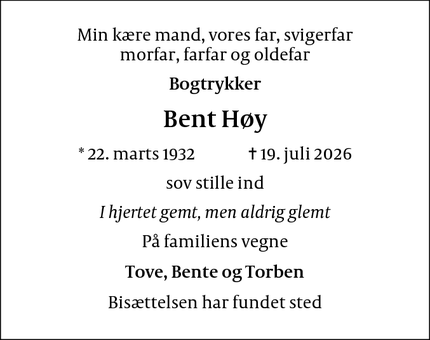 Dødsannoncen for Bent H&oslash;y - Rungsted Kyst