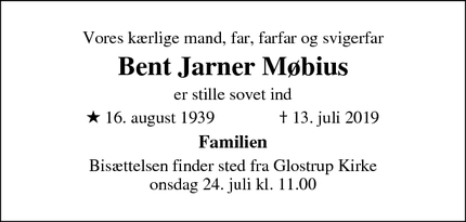 Dødsannoncen for Bent Jarner Møbius - Glostrup