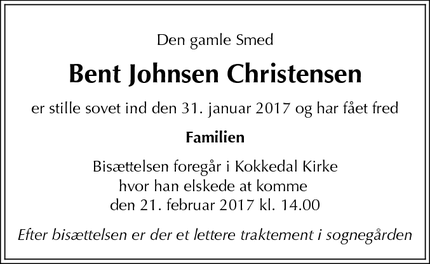 Dødsannoncen for Bent Johnsen Christensen - Kokkedal