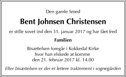 Dødsannoncen for Bent Johnsen Christensen - Kokkedal