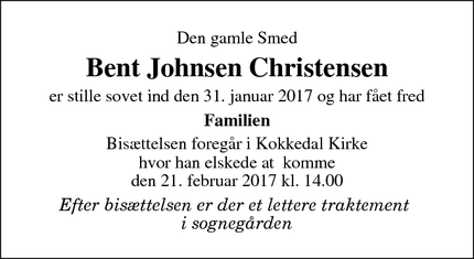 Dødsannoncen for Bent Johnsen Christensen - Kokkedal