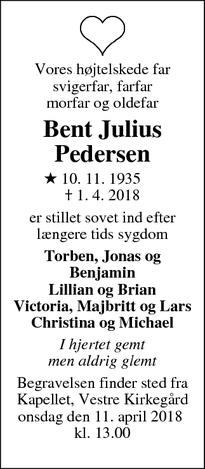 Dødsannoncen for Bent Julius Pedersen - Silkeborg