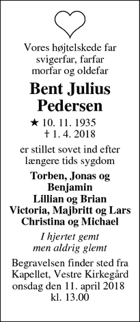 Dødsannoncen for Bent Julius Pedersen - Silkeborg