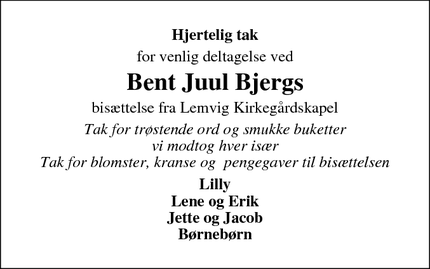 Dødsannoncen for Bent Juul Bjergs - Lemvig