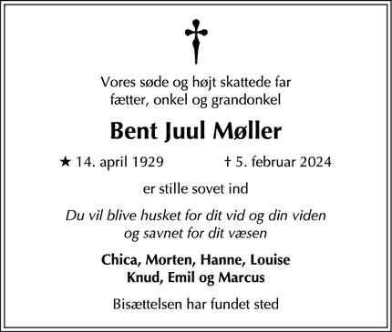 Dødsannoncen for Bent Juul Møller - Helsinge