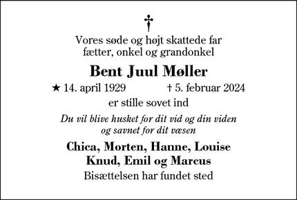 Dødsannoncen for Bent Juul Møller - Helsinge
