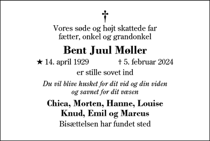 Dødsannoncen for Bent Juul Møller - Helsinge