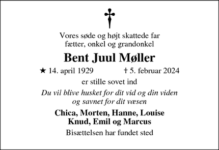 Dødsannoncen for Bent Juul Møller - Helsinge