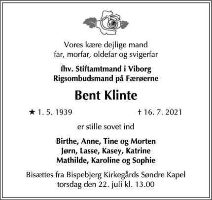 Dødsannoncen for Bent Klinte - Søborg