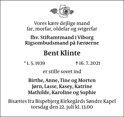 Dødsannoncen for Bent Klinte - Søborg