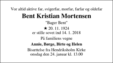 Dødsannoncen for Bent Kristian Mortensen - Rødovre