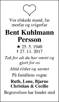 Dødsannoncen for Bent Kuhlmann Persson - Vallensbæk Strand, Danmark