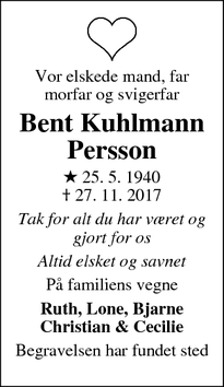 Dødsannoncen for Bent Kuhlmann Persson - Vallensbæk Strand, Danmark