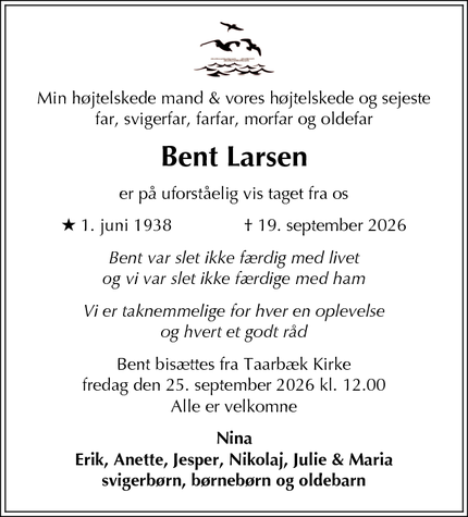 Dødsannoncen for Bent Larsen - Lyngby-Taarbæk