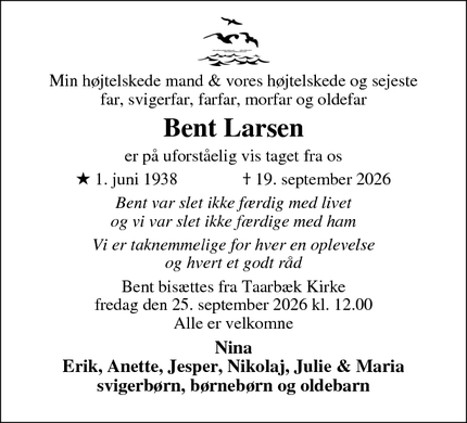 Dødsannoncen for Bent Larsen - Lyngby-Taarbæk