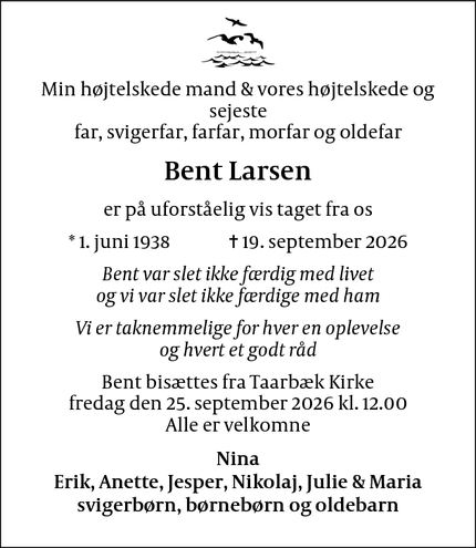 Dødsannoncen for Bent Larsen - Lyngby-Taarbæk
