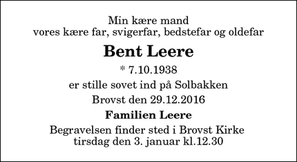 Dødsannoncen for Bent Leere - Brovst